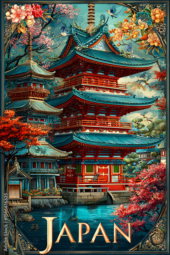 Fototapeta premium Travel Poster of a Traditional Japanese Pagoda Landscape Art