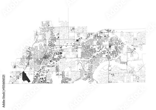  Fishers black and white map showcasing highways and buildings. Clean vector design, focused on road networks and city structures for monochrome visualization or print.