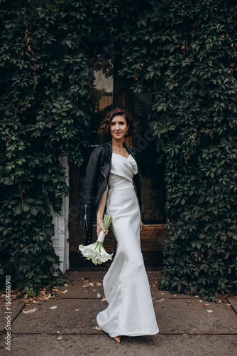 Full-length portrait of a bride in a white gown and leather jacket holding flowers while standing near a lush ivy-covered wall. Bride in Leather Jacket Holding Flowers Near Ivy Wall