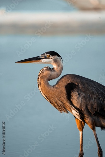 Foto Great Blue Heron Standing in Shallow Water at Sunrise