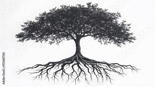 Majestic Tree with Exposed Roots, Black and White Illustration