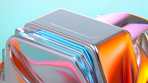 Close-up a digitally rendered abstract image featuring iridescent chrome-like forms vibrant orange, pink, teal hues.
