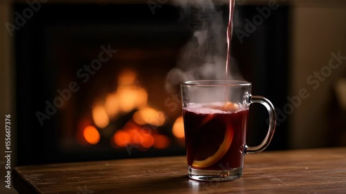 Steaming Mulled Wine Being Poured into a Glass Mug with Orange Slices on a Wooden Table in Front of a Glowing Fireplace for Winter Holidays