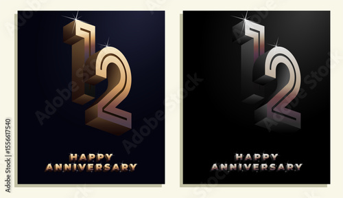 3d Year Anniversary Gold Metal Colour 12th, 12th Happy Anniversary with Elegant Colour, Luxury and Modern.