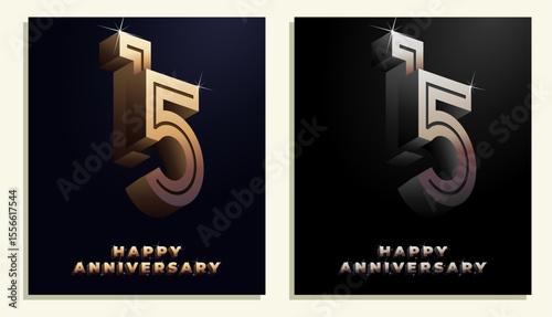 3d Year Anniversary Gold Metal Colour 15th, 15th Happy Anniversary with Elegant Colour, Luxury and Modern.
