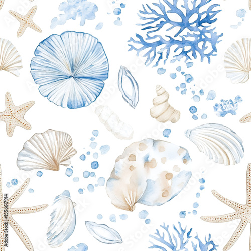 A seamless white background with blue and beige sea life, watercolor illustration