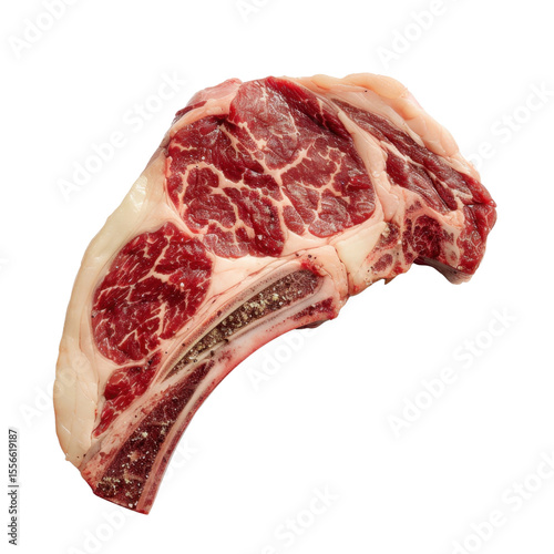 Juicy ribeye steak with marbled fat, showcasing rich red meat and thick bone, perfect for grilling or roasting