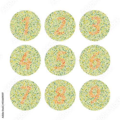 Ishihara Test with Color Blind Test Number from 1 to 9, Diagram Healthcare, Educational Medical Poster Design, Labeled Ishihara Plates Daltonism Color Blindness Disease Perception Blindness.