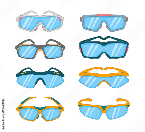 Set of Eye Safety Glasses Set Collection, Protective Eyeglasses, Eyewear Protective Accessory for Work or Hobby, Protecting the Eye from UV Rays and Radius Illustration.
