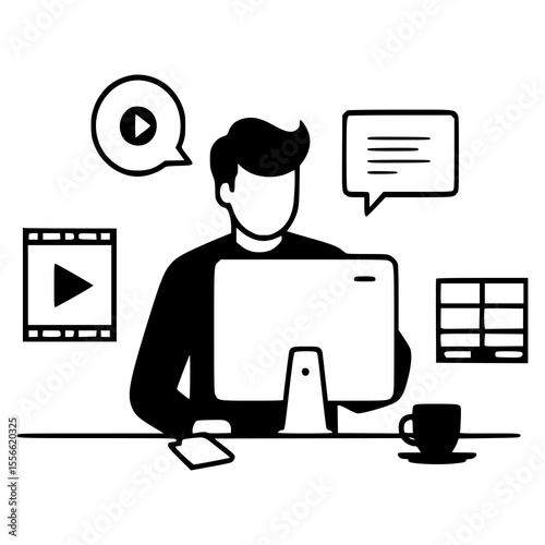 Illustration of man working on desktop computer with multimedia elements, perfect for content creation, remote work, video production, digital marketing, online communication, education concepts