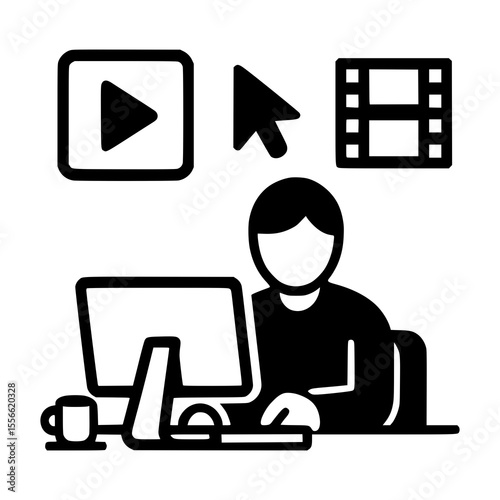 Illustration of man working on desktop computer with multimedia elements, perfect for content creation, remote work, video production, digital marketing, online communication, education concepts