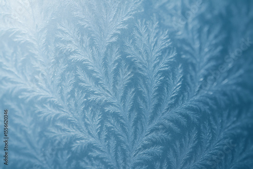 Abstract Frost Patterns on Glass in Blue Winter Cold Nature Texture Background