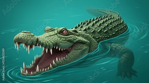 Animated Crocodile Swimming in Water, Showing Teeth and Aggression