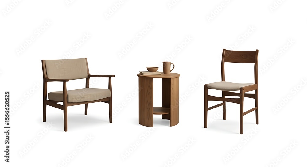 Fototapeta premium Arrangement of Wooden Furniture with Chair and Side Table