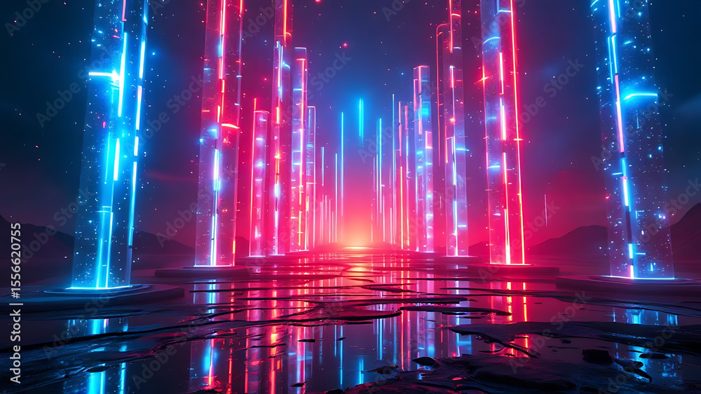 Fototapeta premium Digital Light Tunnel with Neon Glowing Rays