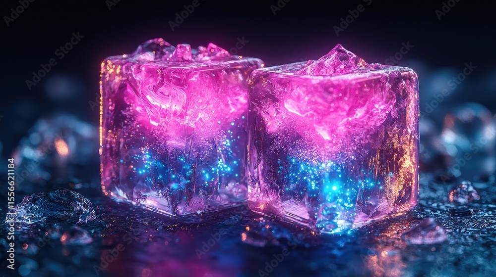 Fototapeta premium Two vibrant, glowing ice cubes with inner light patterns.