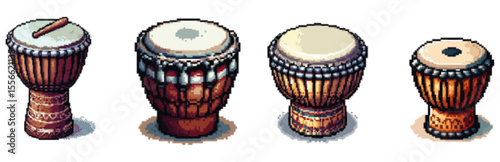 Four traditional drums displayed in a row, each with a unique design.