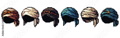 Six turban head coverings in various colors and styles, arranged in a row.