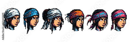Pixelated female portraits, various headbands.