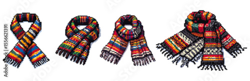 Four colorful patterned scarves displayed against a white background.