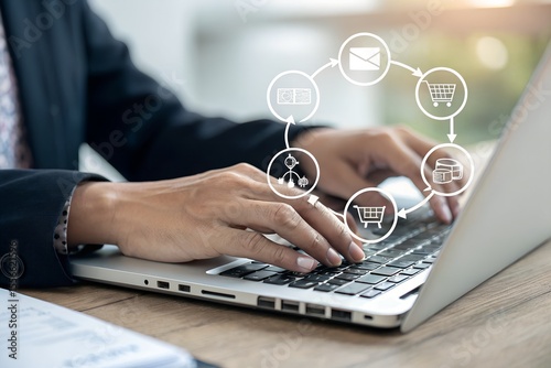 Businessman managing digital procurement process with contract, invoice, approval documents, representing B2B sourcing, vendor management, supply chain, e-procurement, paperless contract workflow.