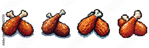 Four sets of pixelated fried chicken drumsticks, arranged in pairs.