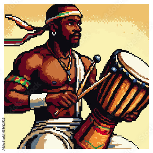 A powerful, pixel-art depiction of a muscular African man rhythmically playing a large djembe drum.