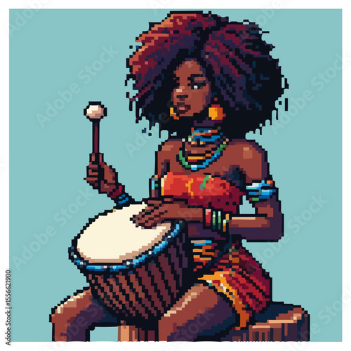An illustration of a woman playing a drum, pixelated style.