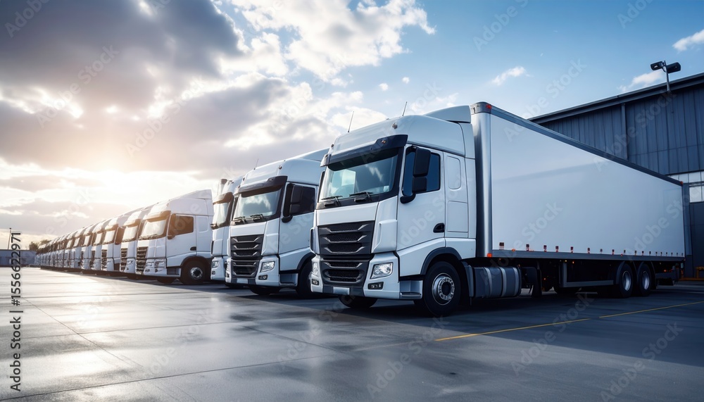 Fleet of White Delivery Trucks Parked in Industrial Warehouse with Cloudy Sky Fleet of White Delivery Trucks Parked in Industrial Warehouse with Cloudy Sky
