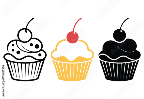 Three stylized cupcakes with cherries on top in black outline color and silhouette