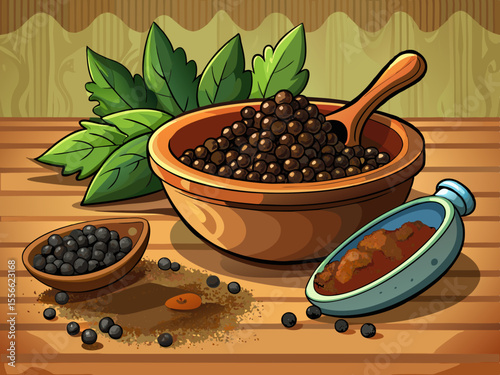 vector of Black pepper in a bow on a wooden table. A pile of ground black pepper on the table...