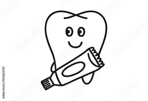 Happy cartoon tooth holding a tube of toothpaste with a smiling face