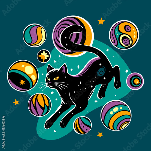 A cosmic black cat leaps amid vibrant, abstract orbs and stars on a dark teal background with a whimsical, magical atmosphere. Ideal for T-shirts, posters, book covers, digital art.