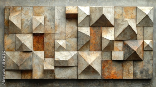 Geometric pattern of textured, multi-hued squares and pyramids.