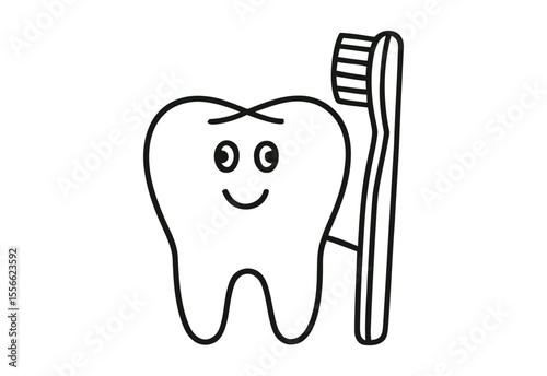 Happy cartoon tooth with a toothbrush for dental hygiene and oral care