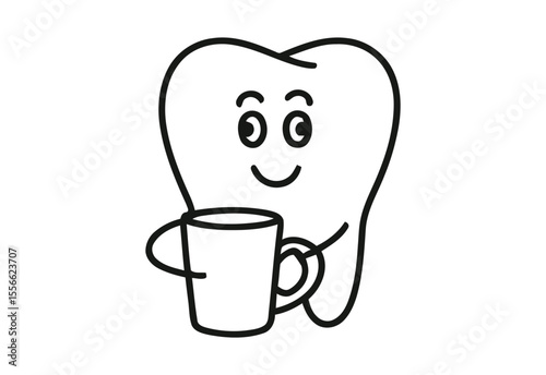Happy cartoon tooth character holding a coffee cup with a smile
