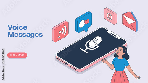 Flat Cartoon Voice Message Recording Concept with Characters and Microphone – Vector on White Background