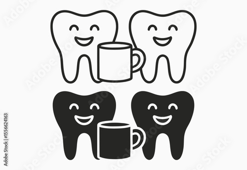 Two happy cartoon teeth holding a mug together in outline and silhouette styles