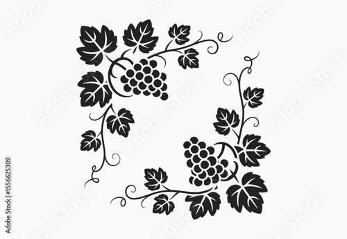 Decorative black grape vine border with leaves and tendrils on white background