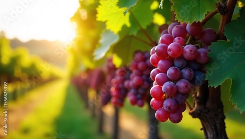 Wallpaper Mural Sunlit Autumn Vineyard Ripe Grapes Ready for Harvest. Lush green leaves frame plump, juicy grapes hanging heavy on the vine in a picturesque autumnal scene, perfect for wine country imagery. Torontodigital.ca