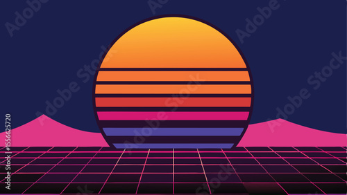 Retro style sunset illustration with grid and mountains on a dark background