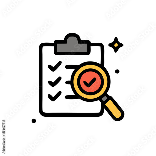 Checklist review: Magnifying glass verifying completed tasks on a clipboard.