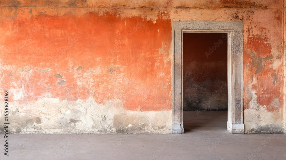 Fototapeta premium Aged Orange Wall with Open Doorway Rustic Interior Design