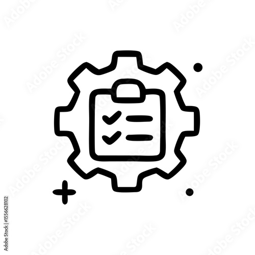 An icon representing a checklist on a clipboard, set within a gear shape, indicating process management or task completion.