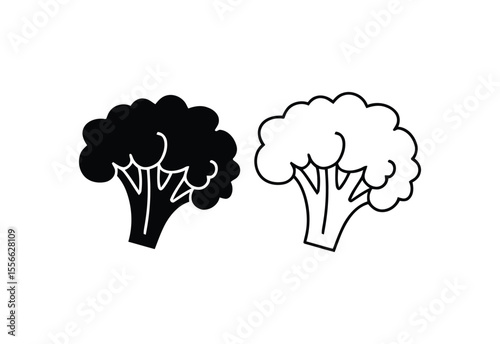 Simple black and white line art and silhouette icons of broccoli