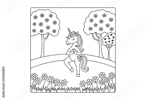 Cute unicorn doing yoga in a field of flowers and trees coloring page