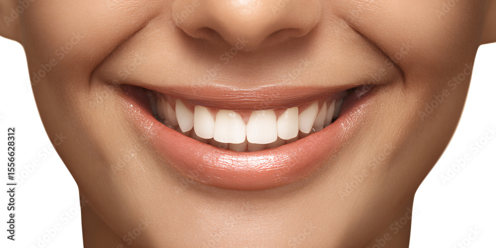 Obraz premium Closeup of a smiling Caucasian woman with perfect white teeth and glossy lips Concept of dental care, beauty, and healthy smile