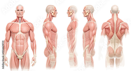 Detailed Anatomical Illustration of the Human Musculature from Multiple Angles