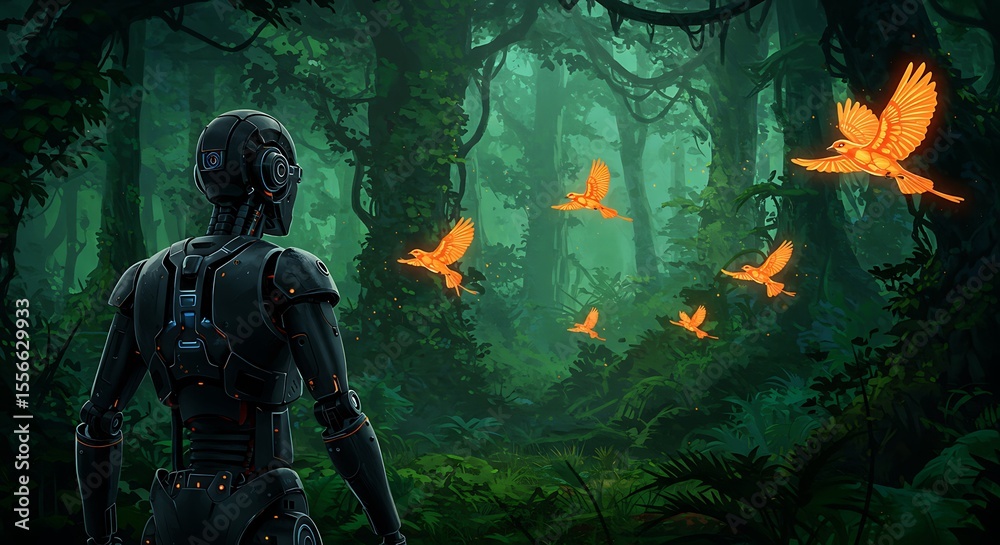 Fototapeta premium A metallic android observes luminous orange birds soaring through a dense, mystical forest.