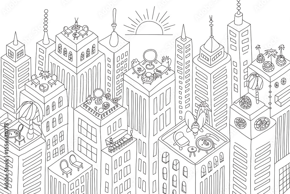 Obraz premium Cityscape with rooftop patios and gardens. Urban scene, isometric view.